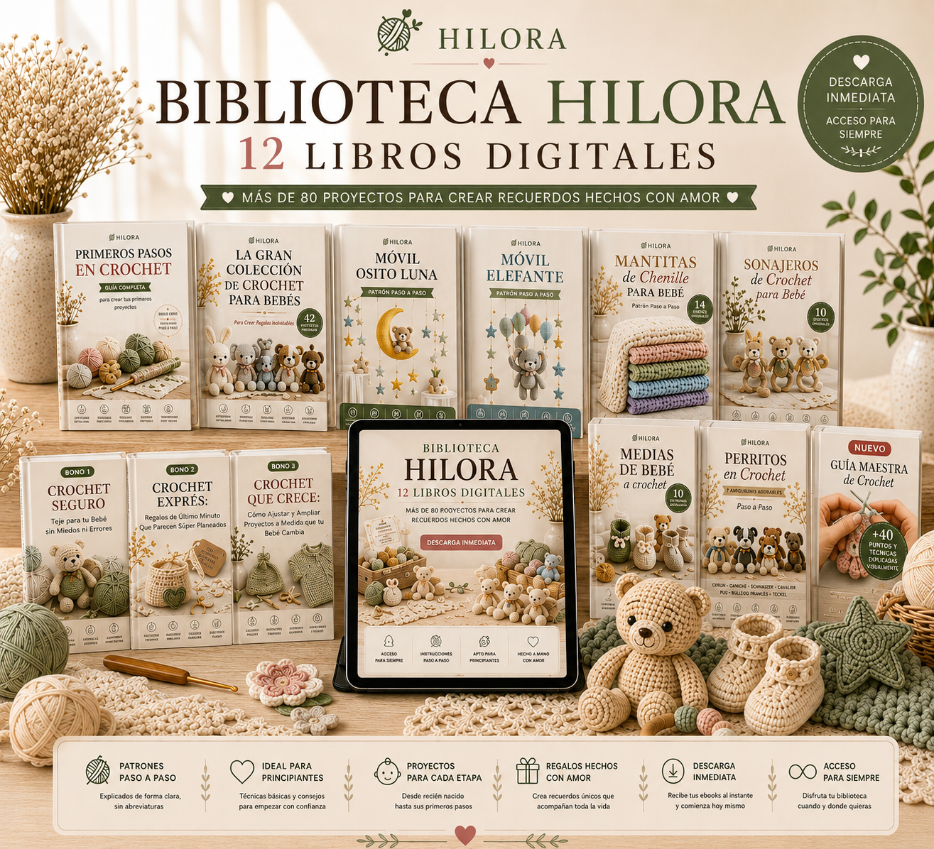 Biblioteca Hilora | 12 Ebooks de Crochet para Bebés + 70 Proyectos + 3 Bonos