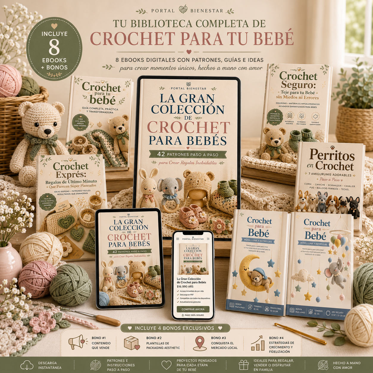 Biblioteca Hilora — Crochet para Bebés | 8 Productos Digitales, 42 Patrones + 3 Bonos Exclusivos